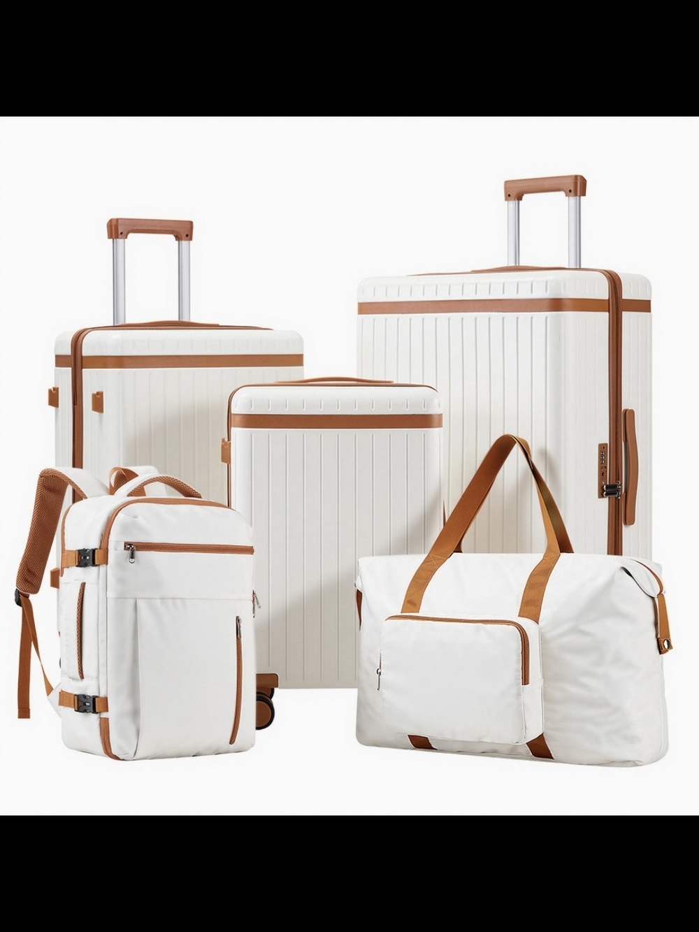 White & Tan Travel Luggage Set - Backpack and Duffel (Men Bags)